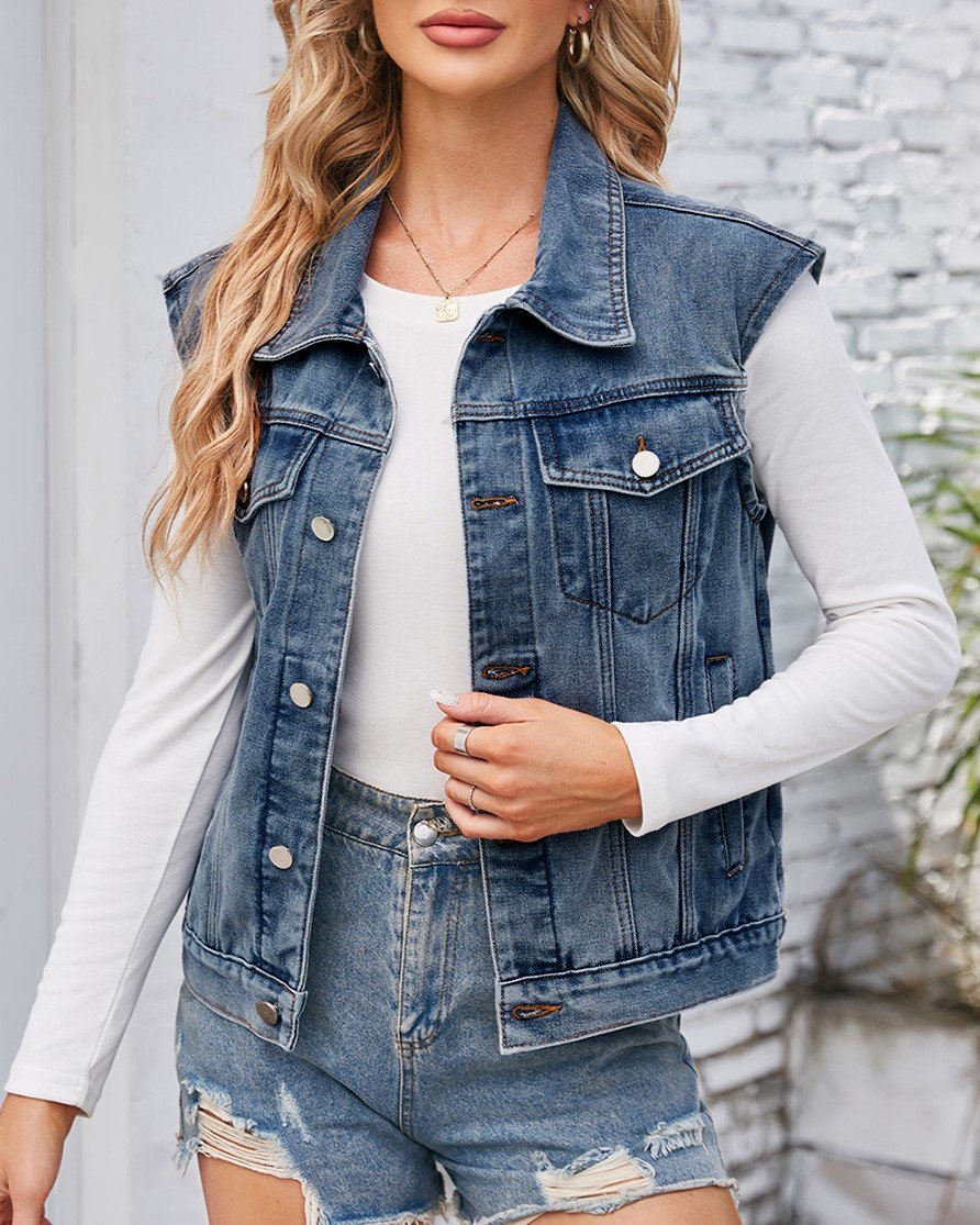 Washed Denim Vest With Removable Hood