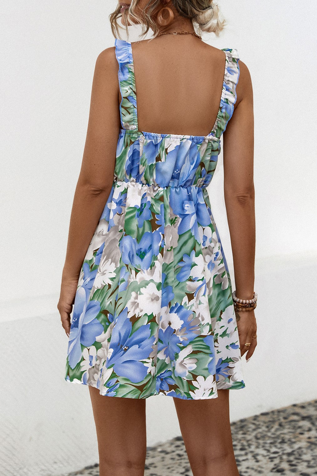 Ruffle Strap Floral Fit and Flare Mini Dress - Blue - 1