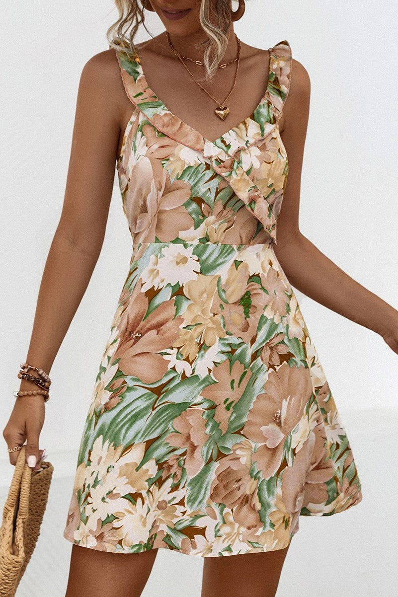 Ruffle Strap Floral Fit and Flare Mini Dress - Coffee