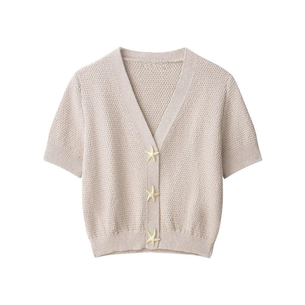 Starfish Button Front Short Sleeve Knit Top - Apricot