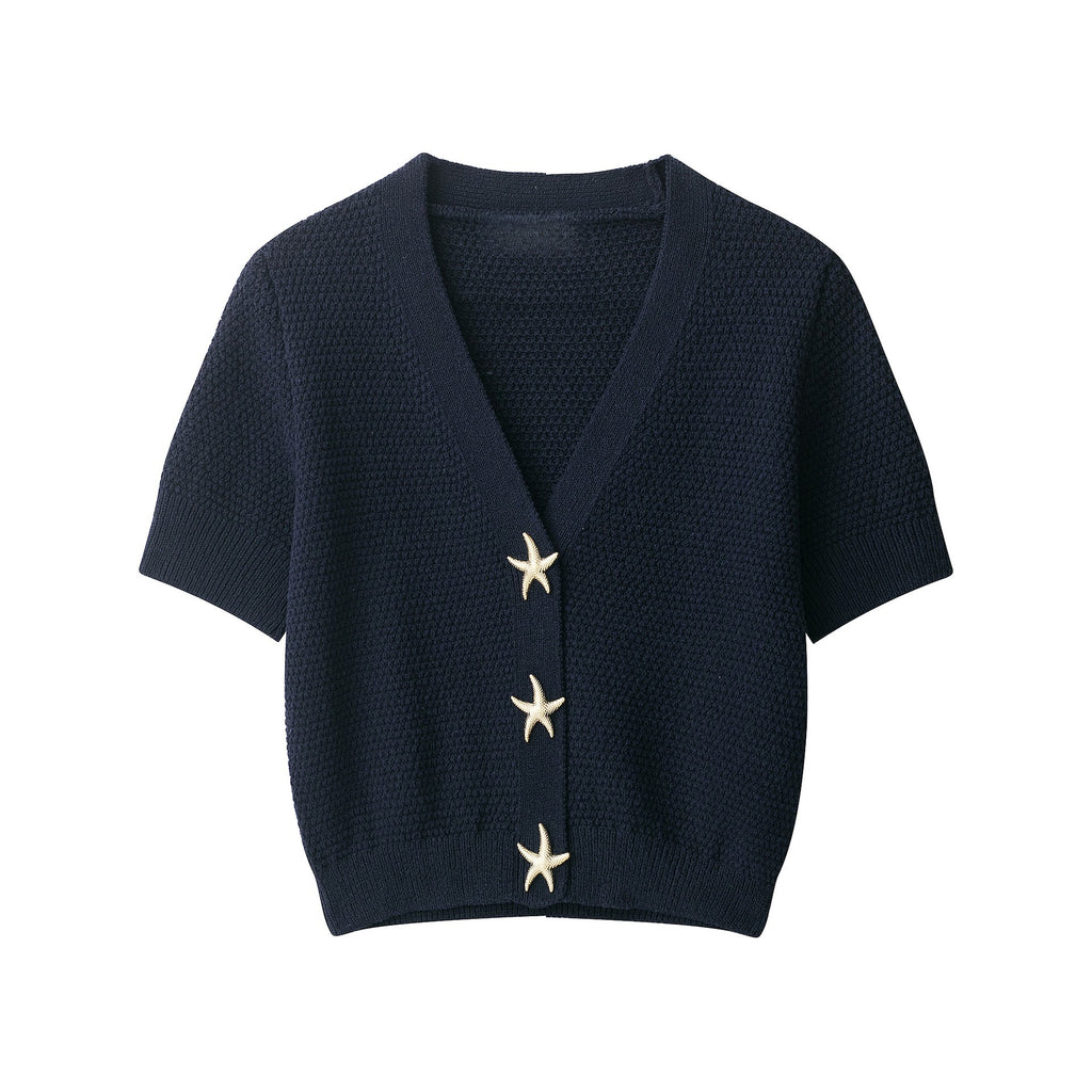Starfish Button Front Short Sleeve Knit Top - Black - 1