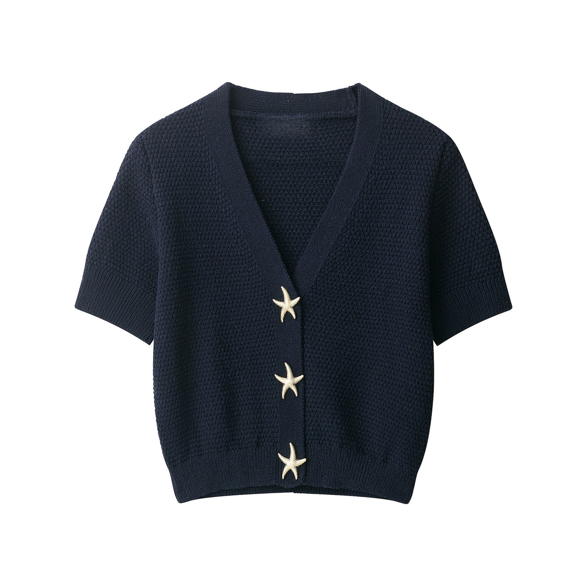 Starfish Button Front Short Sleeve Knit Top - Black - 1