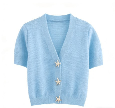 Starfish Button Front Short Sleeve Knit Top - Blue