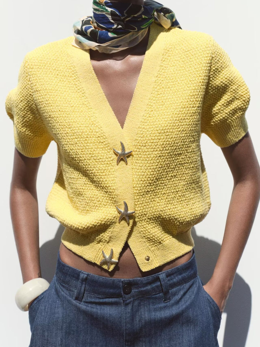 Starfish Button Front Short Sleeve Knit Top - Yellow