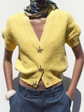 Starfish Button Front Short Sleeve Knit Top - Yellow