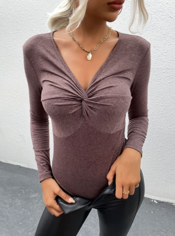 Twist Front V Neck Long Sleeve Bodysuit - Coffee