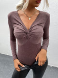 Twist Front V Neck Long Sleeve Bodysuit - Coffee