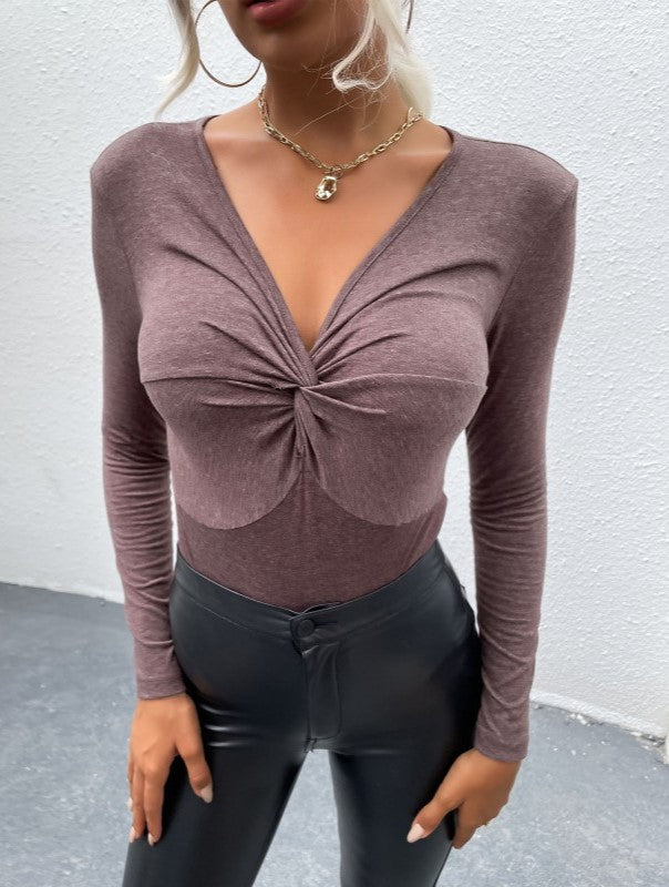 Twist Front V Neck Long Sleeve Bodysuit - Coffee - 2
