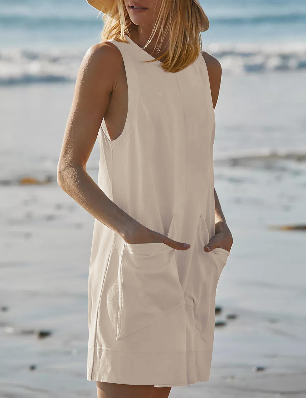 Crewneck Sleeveless Romper With Patch Pockets - Apricot - 3