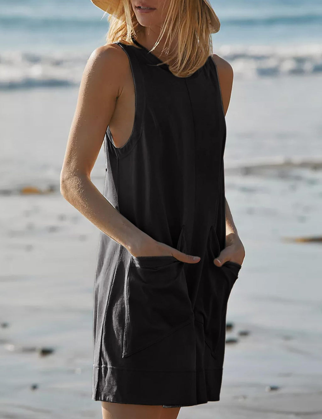 Crewneck Sleeveless Romper With Patch Pockets - Black - 2