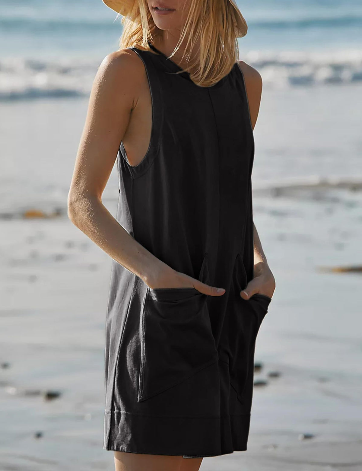Crewneck Sleeveless Romper With Patch Pockets - Black - 2