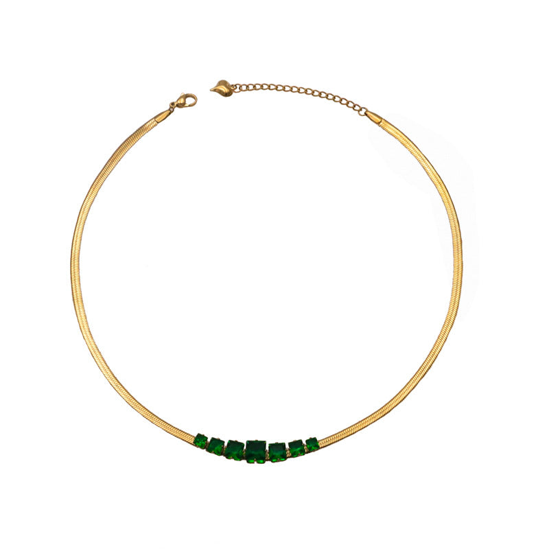Green Stone Snake Chain Collar Necklace - Gold