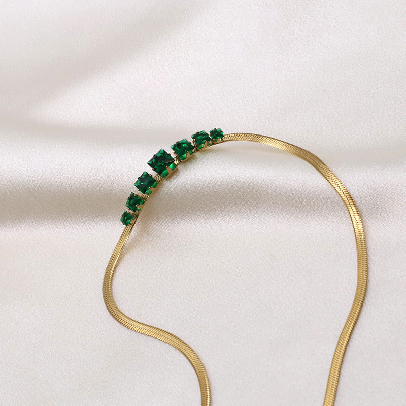 Green Stone Snake Chain Collar Necklace - Gold - 1