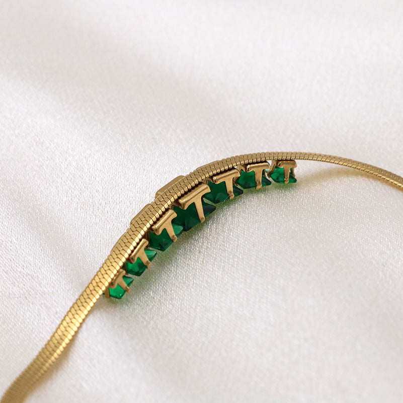 Green Stone Snake Chain Collar Necklace - Gold - 2