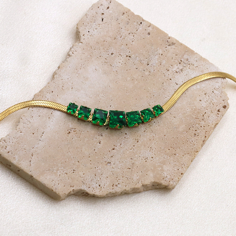 Green Stone Snake Chain Collar Necklace - Gold - 3