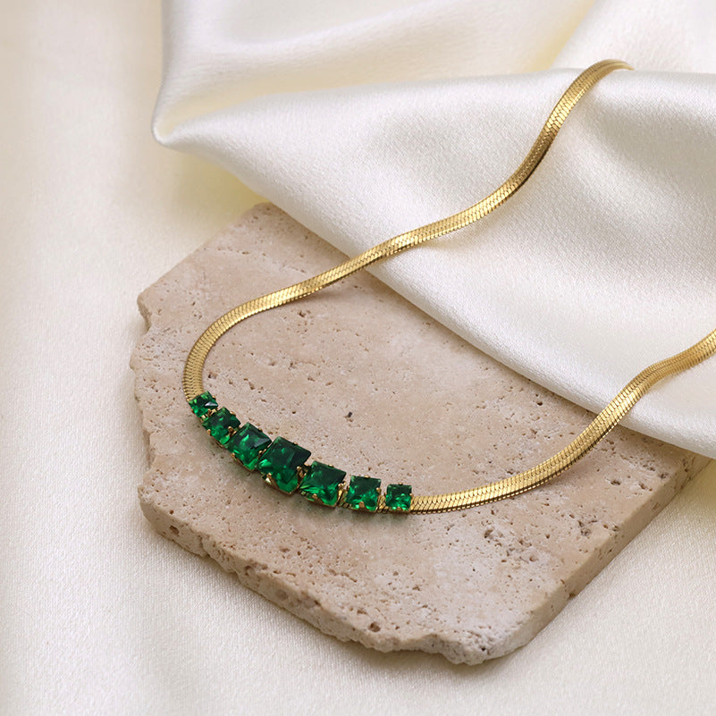 Green Stone Snake Chain Collar Necklace - Gold - 4