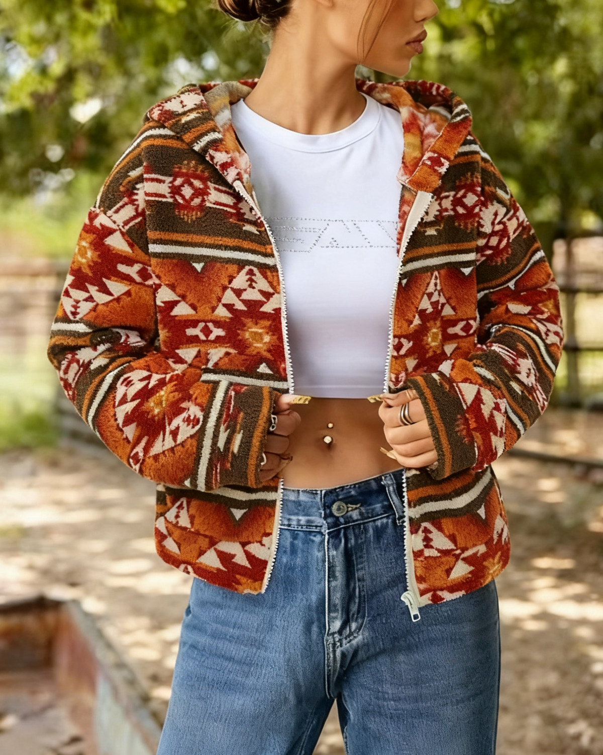 Southwestern Print Fleece Hooded Jacket - Aztec