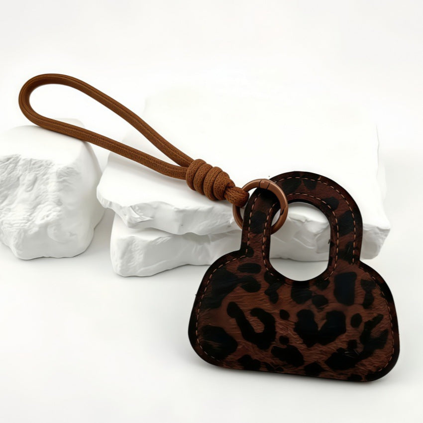 Leopard Purse Keychain Bag Charm With Knotted Loop - Coffee