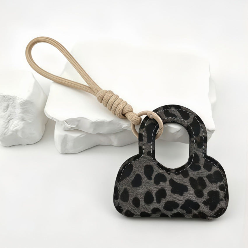 Leopard Purse Keychain Bag Charm With Knotted Loop - Grey
