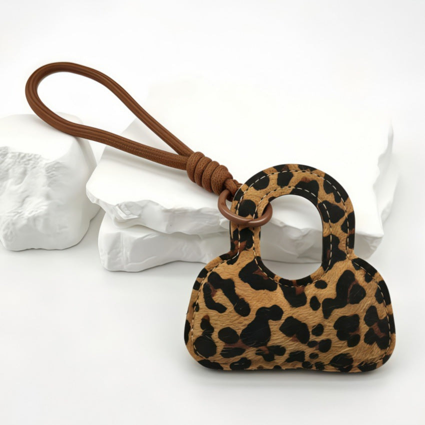 Leopard Purse Keychain Bag Charm With Knotted Loop - Khaki