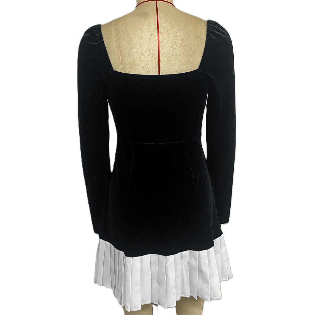 Velvet Sweetheart Mini Dress With Pleated Hem - Black - 1