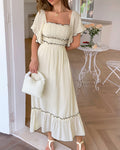 Square Neck Flutter Sleeve Ruffle Maxi Dress - Apricot