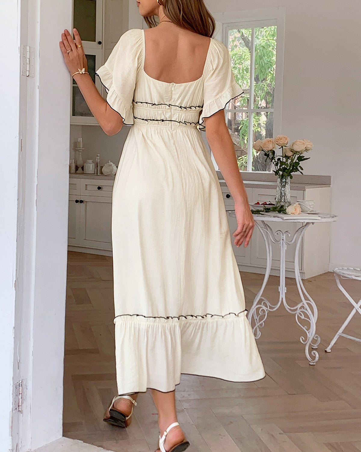 Square Neck Flutter Sleeve Ruffle Maxi Dress - Apricot - 2