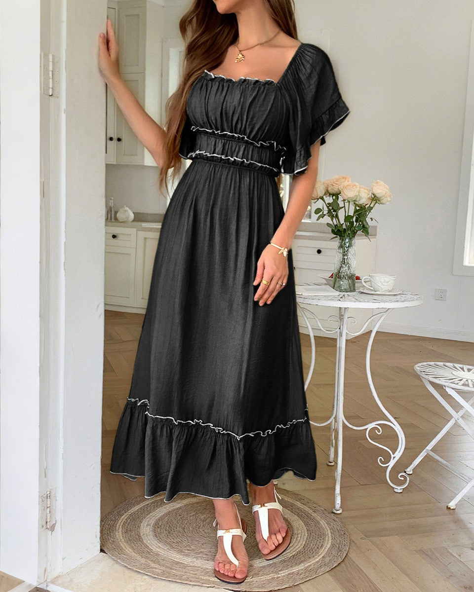 Square Neck Flutter Sleeve Ruffle Maxi Dress - Black