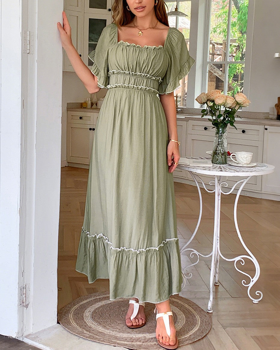 Square Neck Flutter Sleeve Ruffle Maxi Dress - Green