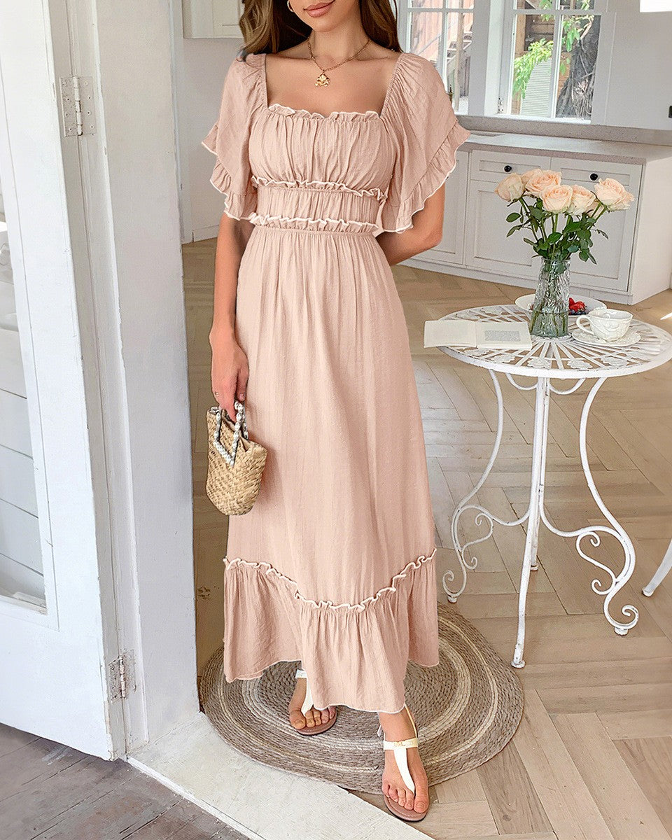 Square Neck Flutter Sleeve Ruffle Maxi Dress - Pink