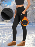 Fleece Lined Side Pocket High Waist Workout Leggings - Black