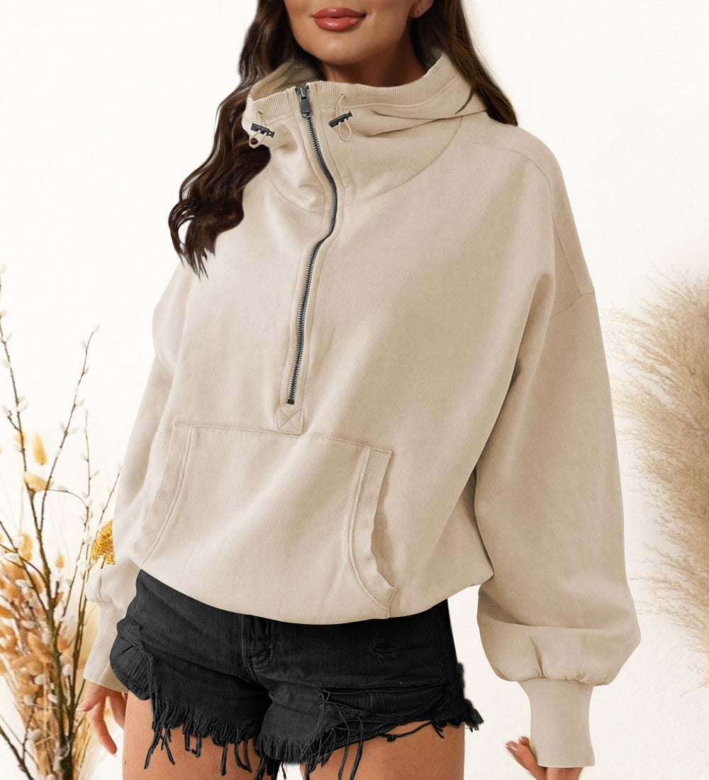 Half Zip Funnel Neck Cropped Hoodie - Apricot