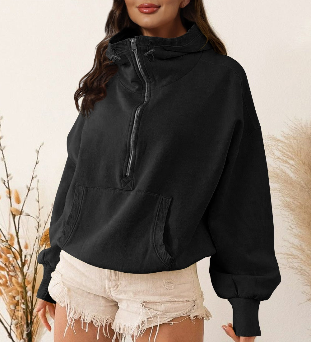 Half Zip Funnel Neck Cropped Hoodie - Black