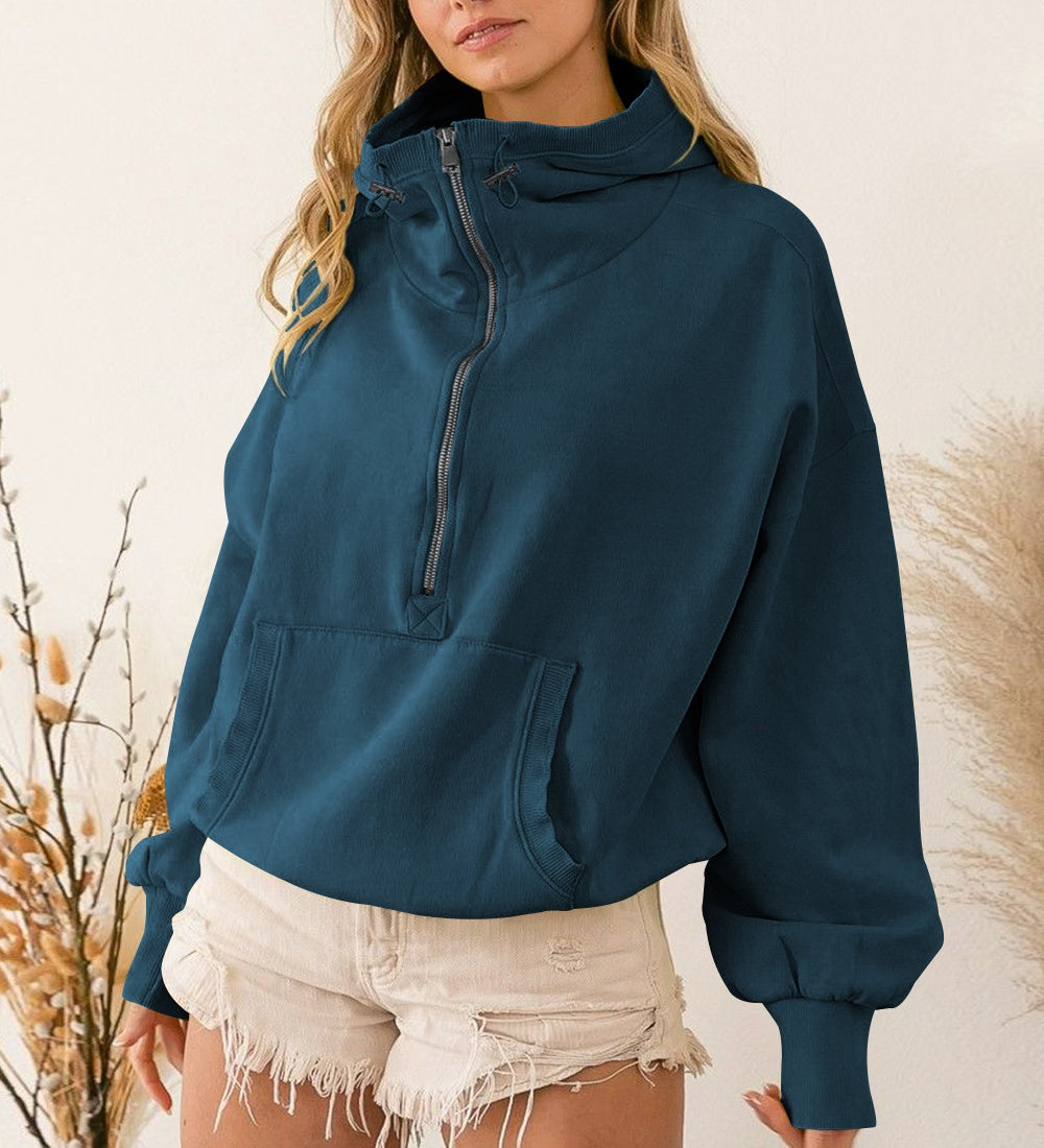 Half Zip Funnel Neck Cropped Hoodie - Blue