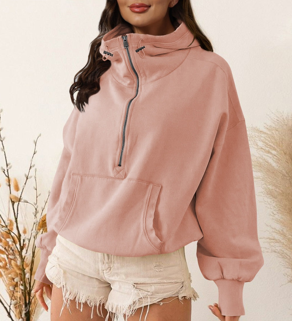 Half Zip Funnel Neck Cropped Hoodie - Pink