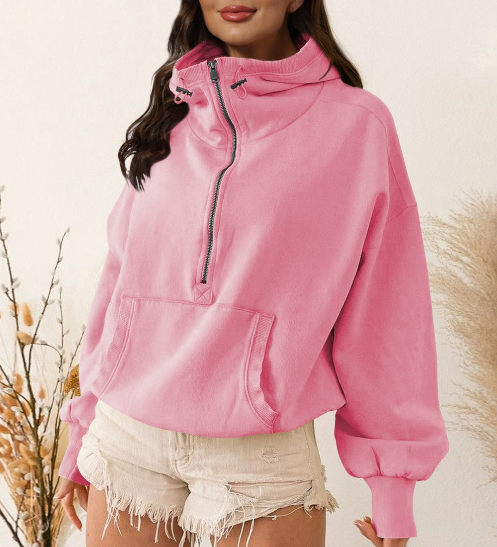 Half Zip Funnel Neck Cropped Hoodie - Rose
