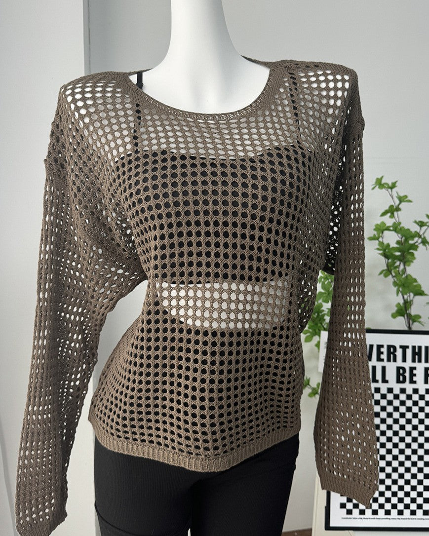 Open Knit Crochet Sheer Pullover Blouse - A3