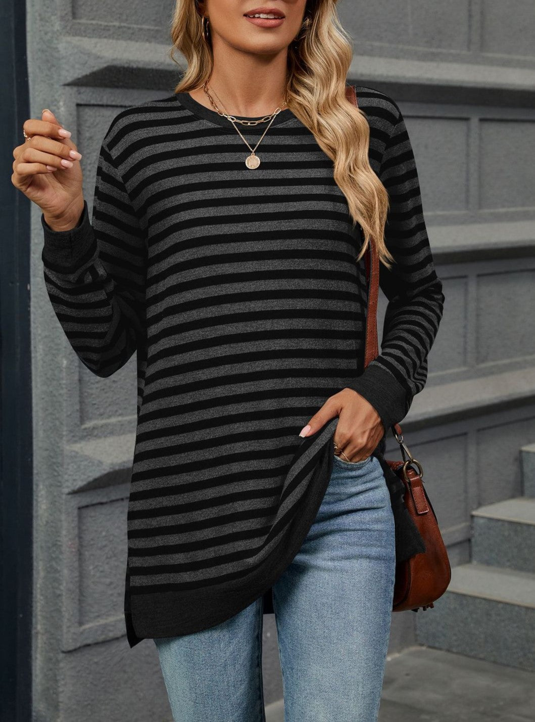 Striped Side Slit Longline Crewneck Pullover - Black - 1