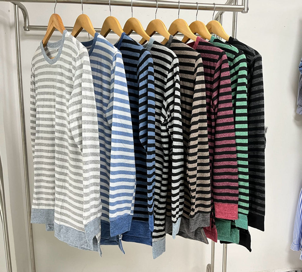Striped Side Slit Longline Crewneck Pullover - Blue - 1