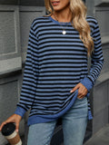 Striped Side Slit Longline Crewneck Pullover - Darkblue