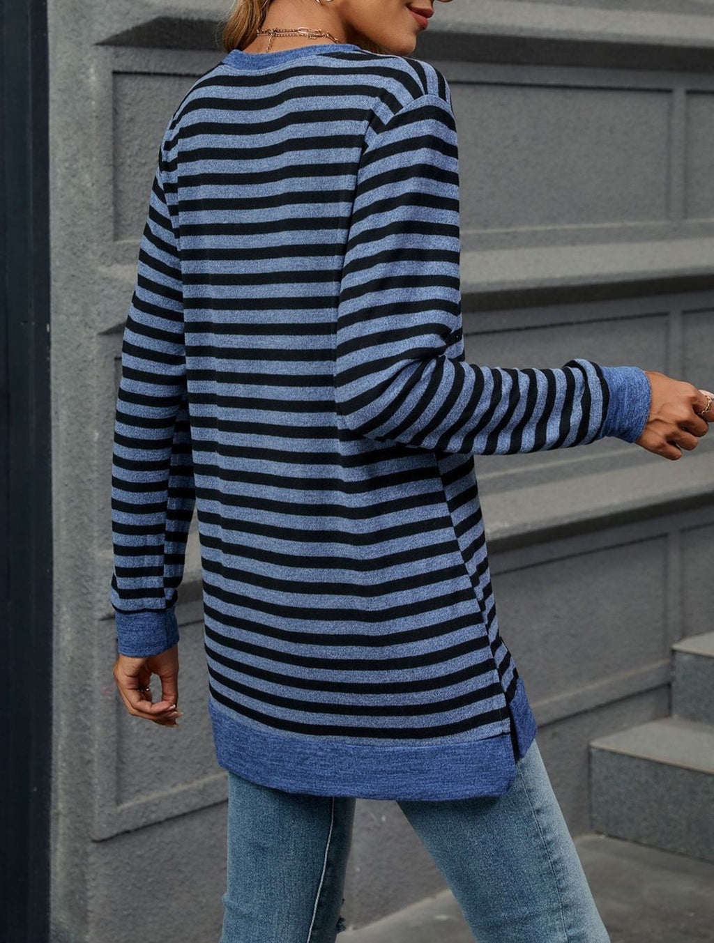 Striped Side Slit Longline Crewneck Pullover - Darkblue - 1