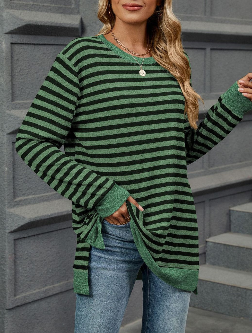 Striped Side Slit Longline Crewneck Pullover - Green