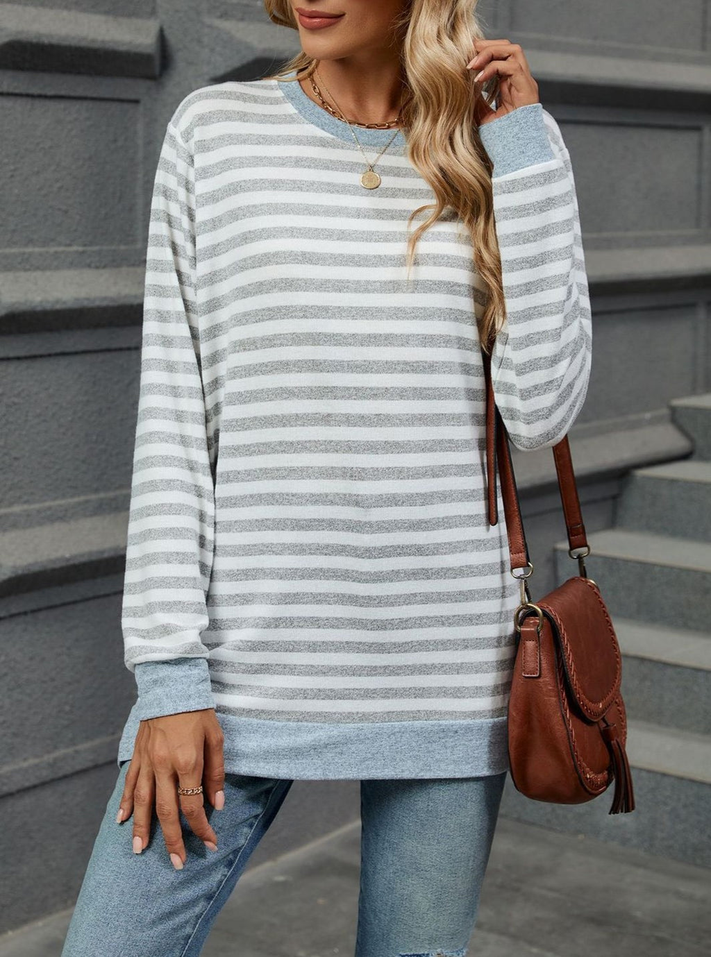 Striped Side Slit Longline Crewneck Pullover - Grey