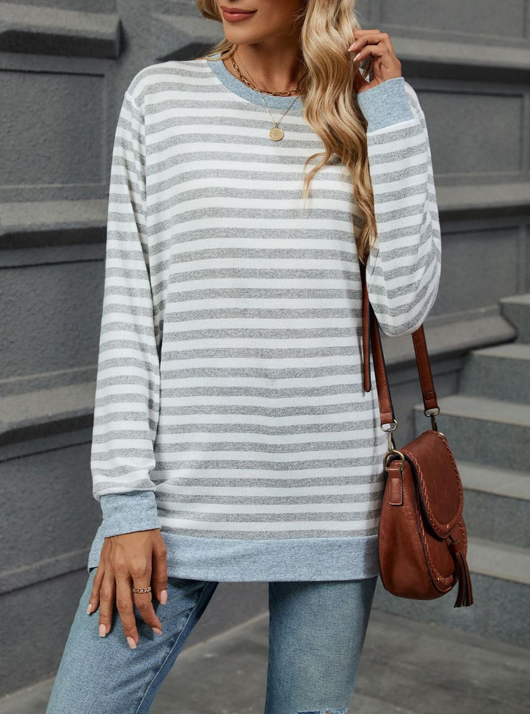 Striped Side Slit Longline Crewneck Pullover - Grey