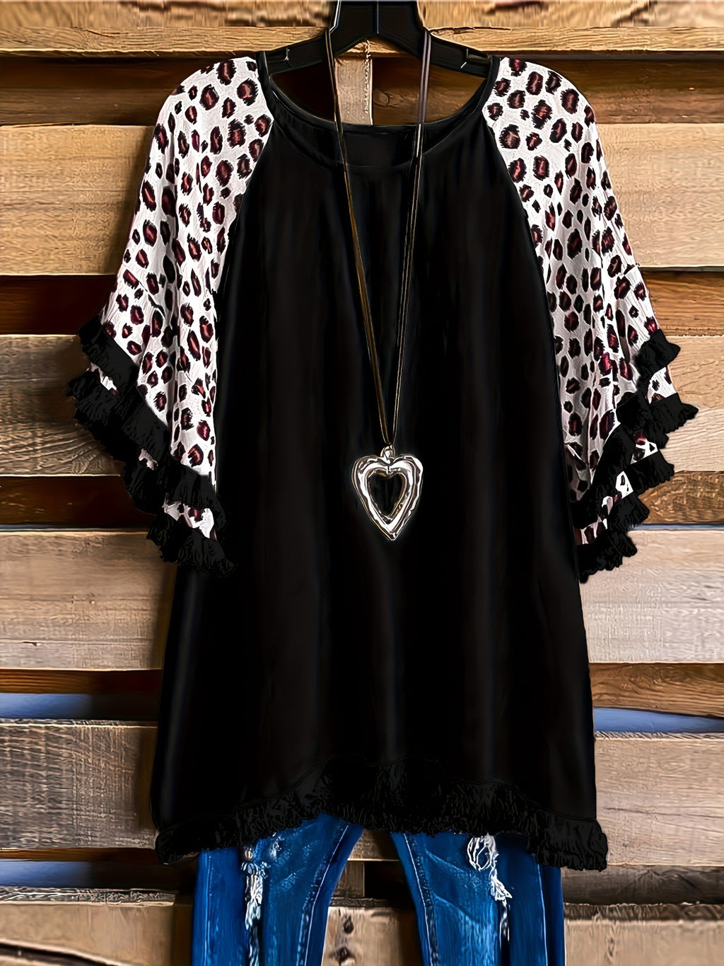 Ruffle Sleeve Fringe Hem Western Tee - Black