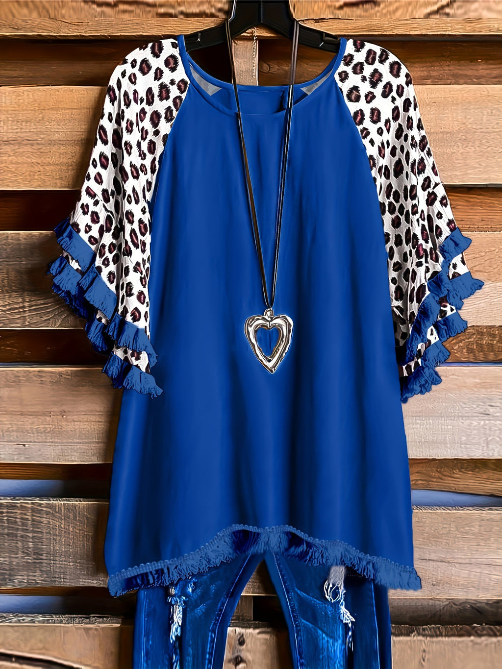 Ruffle Sleeve Fringe Hem Western Tee - Blue