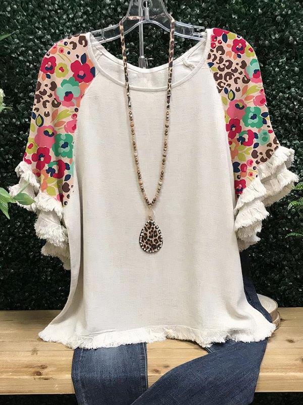 Ruffle Sleeve Fringe Hem Western Tee - Colored