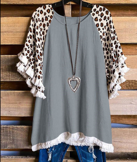 Ruffle Sleeve Fringe Hem Western Tee - Grey
