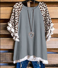 Ruffle Sleeve Fringe Hem Western Tee - Grey