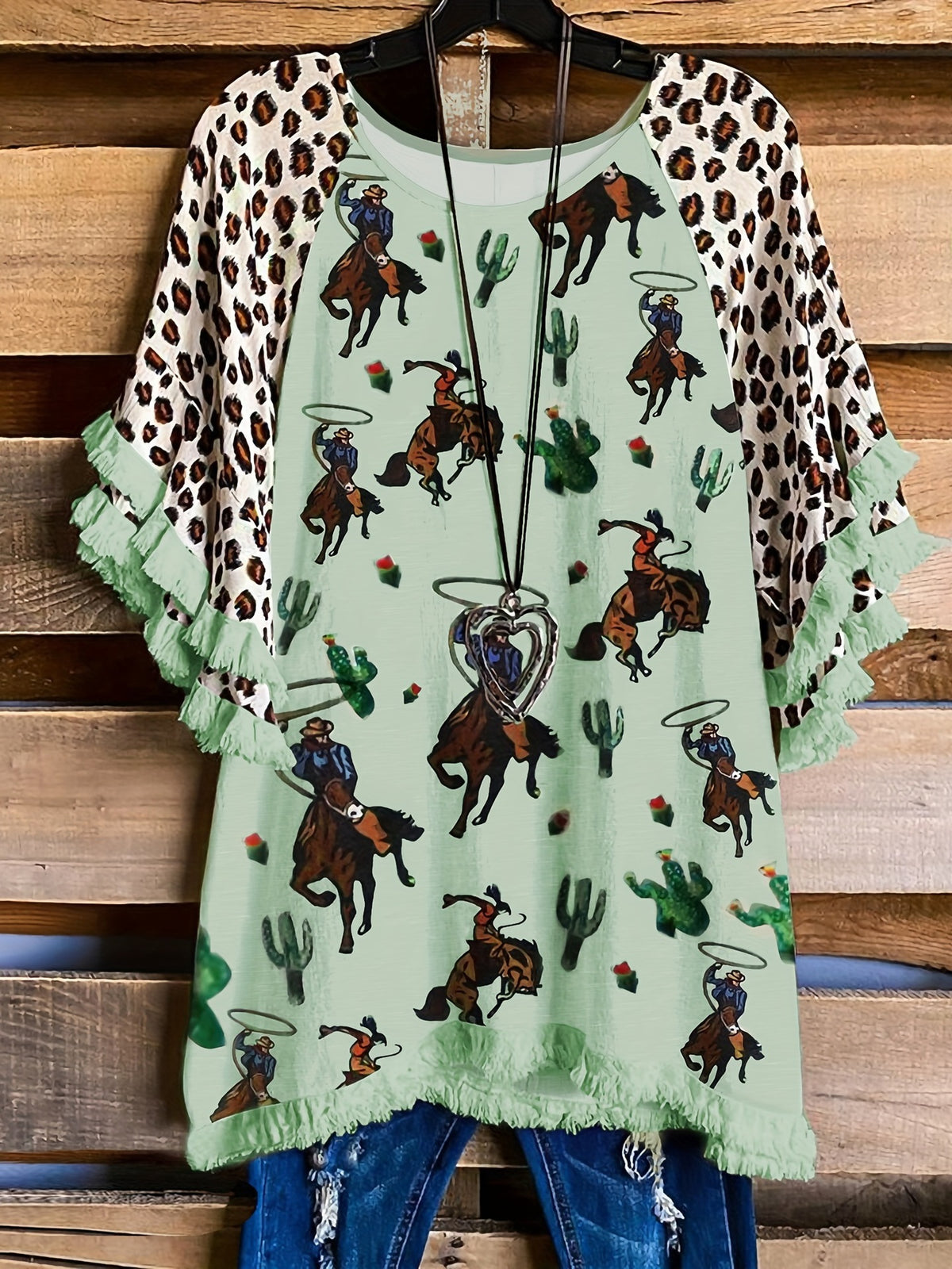 Ruffle Sleeve Fringe Hem Western Tee - Horse_G